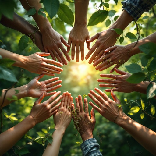 Unity through Nature, hands and leaves in sunshine
